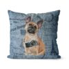 French Bulldog dog Inspired Denim Style Throw Pillow Cushion - Travel collection 2 Adventure is out there cushion French Bulldog Faded Ephemera Denim front view