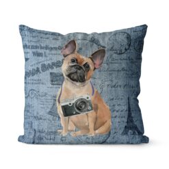 French Bulldog dog Inspired Denim Style Throw Pillow Cushion - Travel collection
