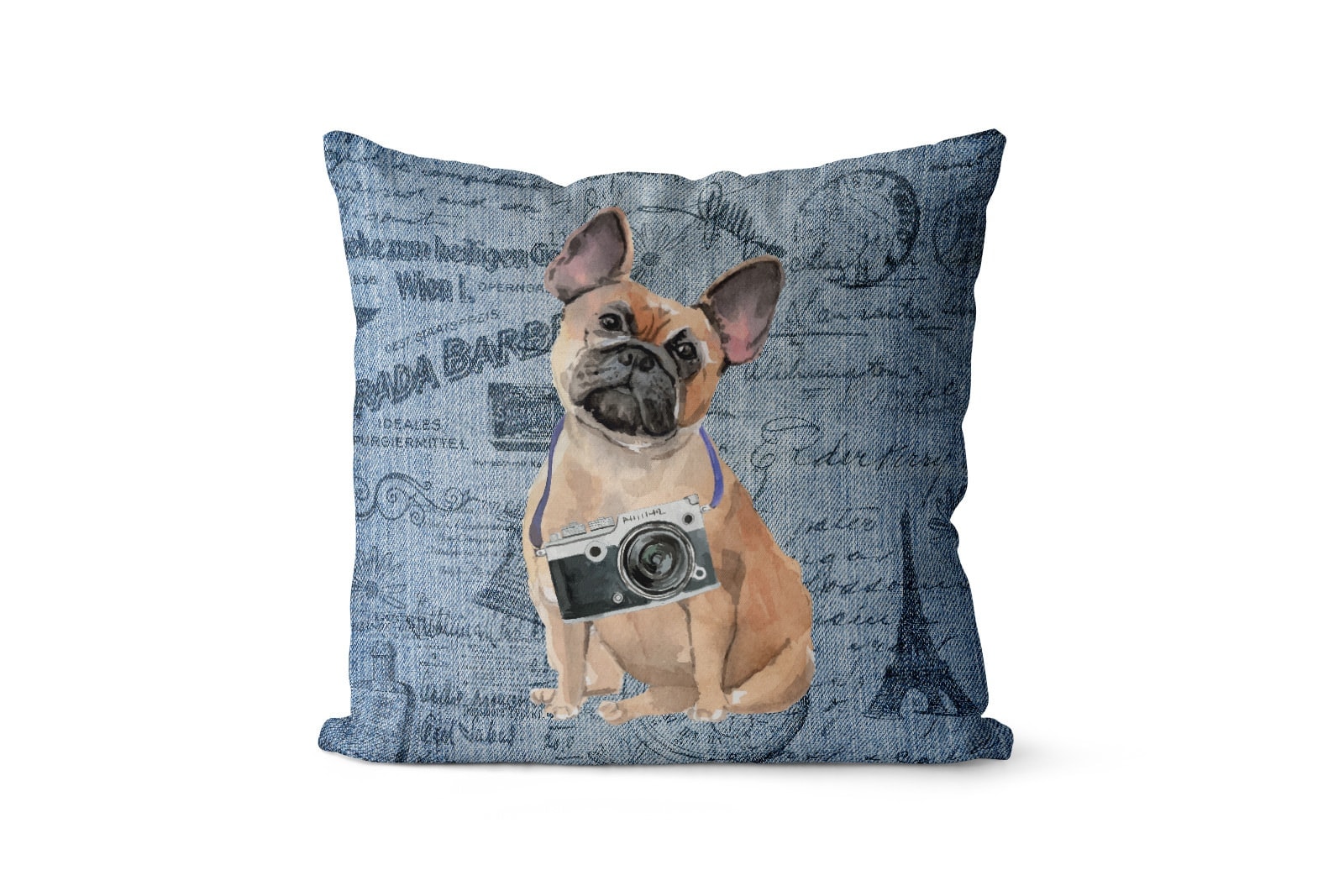 French Bulldog dog Inspired Denim Style Throw Pillow Cushion - Travel collection 2 French Bulldog dog Inspired Denim Style Throw Pillow Cushion - Travel collection