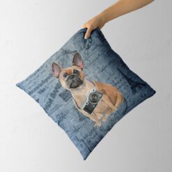 French Bulldog dog Inspired Denim Style Throw Pillow Cushion - Travel collection 13 Adventure is out there cushion French Bulldog Faded Ephemera Denim holding in hand