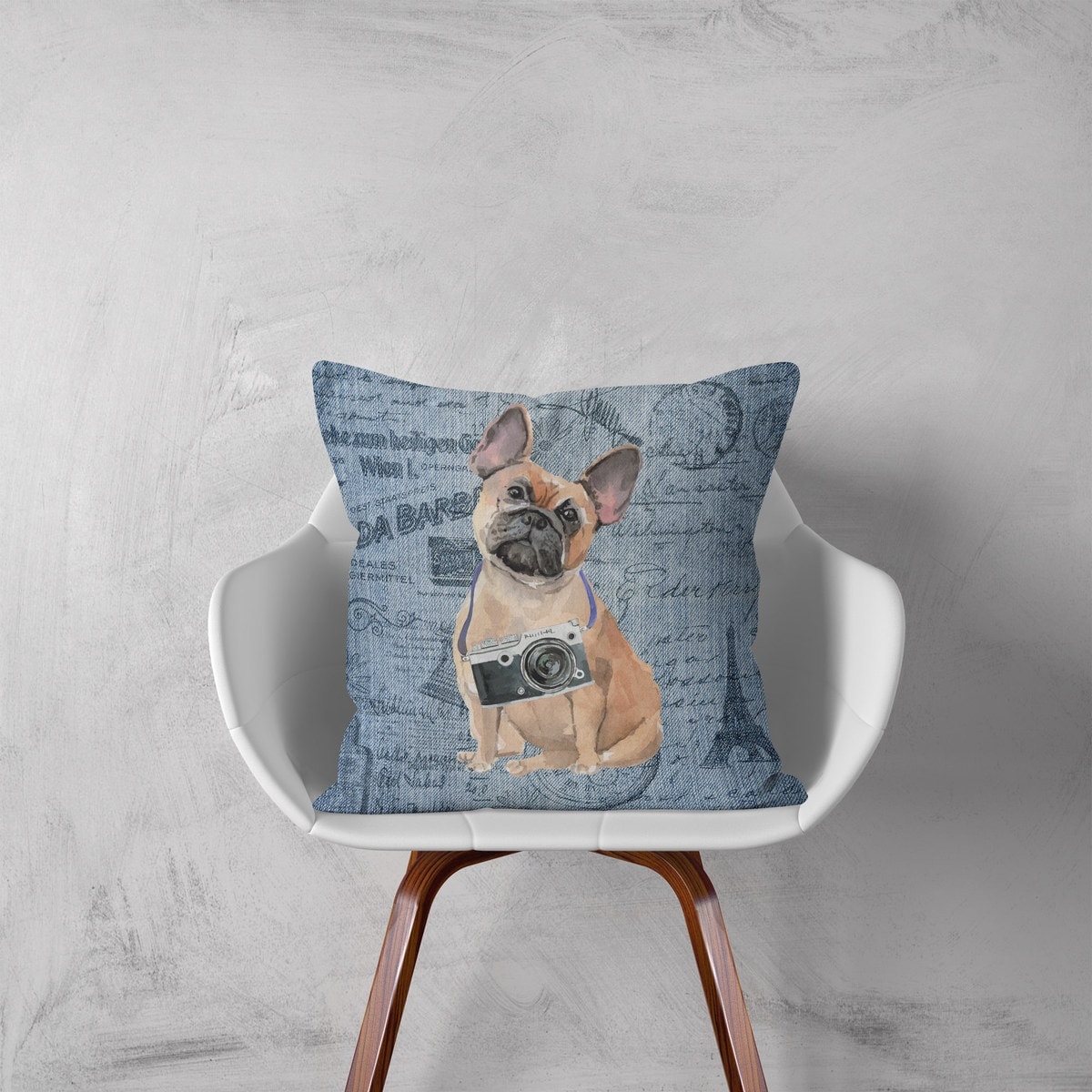 French Bulldog dog Inspired Denim Style Throw Pillow Cushion - Travel collection 3 French Bulldog dog Inspired Denim Style Throw Pillow Cushion - Travel collection - Image 2