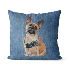 French Bulldog dog Inspired Denim Style Throw Pillow Cushion - Travel collection 16 Adventure is out there cushion French Bulldog Gently Faded Denim front view