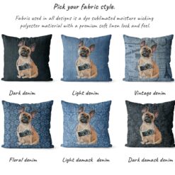 French Bulldog dog Inspired Denim Style Throw Pillow Cushion - Travel collection 15 Adventure is out there cushion French Bulldog variations