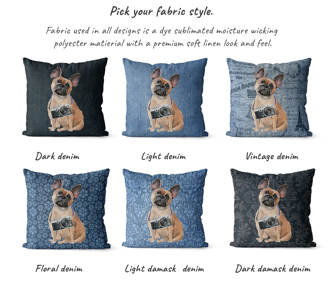 French Bulldog dog Inspired Denim Style Throw Pillow Cushion - Travel collection 6 French Bulldog dog Inspired Denim Style Throw Pillow Cushion - Travel collection - Image 5