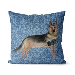 German Shepherd dog Inspired Denim Style Throw Pillow Cushion - Travel collection 20 Adventure is out there cushion German Shepherd Bleached Damask Denim front view