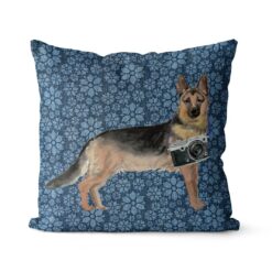 German Shepherd dog Inspired Denim Style Throw Pillow Cushion - Travel collection 19 Adventure is out there cushion German Shepherd Daisy Denim front view