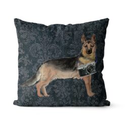 German Shepherd dog Inspired Denim Style Throw Pillow Cushion - Travel collection 18 Adventure is out there cushion German Shepherd Dark Damask Denim front view