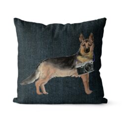 German Shepherd dog Inspired Denim Style Throw Pillow Cushion - Travel collection 17 Adventure is out there cushion German Shepherd Dark Denim front view