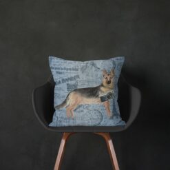 German Shepherd dog Inspired Denim Style Throw Pillow Cushion - Travel collection 14 Adventure is out there cushion German Shepherd Faded Ephemera Denim black chair