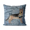 German Shepherd dog Inspired Denim Style Throw Pillow Cushion - Travel collection 2 Adventure is out there cushion German Shepherd Faded Ephemera Denim front view