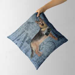 German Shepherd dog Inspired Denim Style Throw Pillow Cushion - Travel collection 13 Adventure is out there cushion German Shepherd Faded Ephemera Denim holding in hand