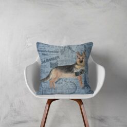 German Shepherd dog Inspired Denim Style Throw Pillow Cushion - Travel collection 12 Adventure is out there cushion German Shepherd Faded Ephemera Denim white chair
