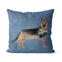 German Shepherd dog Inspired Denim Style Throw Pillow Cushion - Travel collection 16 Adventure is out there cushion German Shepherd Gently Faded Denim front view