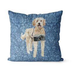 Golden Doodle dog Inspired Denim Style Throw Pillow Cushion - Travel collection 20 Adventure is out there cushion Golden Doodle Bleached Damask Denim front view