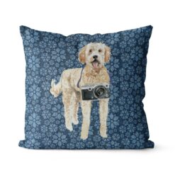 Golden Doodle dog Inspired Denim Style Throw Pillow Cushion - Travel collection 19 Adventure is out there cushion Golden Doodle Daisy Denim front view