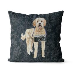 Golden Doodle dog Inspired Denim Style Throw Pillow Cushion - Travel collection 18 Adventure is out there cushion Golden Doodle Dark Damask Denim front view
