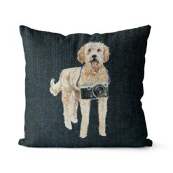 Golden Doodle dog Inspired Denim Style Throw Pillow Cushion - Travel collection 17 Adventure is out there cushion Golden Doodle Dark Denim front view