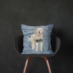 Golden Doodle dog Inspired Denim Style Throw Pillow Cushion - Travel collection 14 Adventure is out there cushion Golden Doodle Faded Ephemera Denim black chair