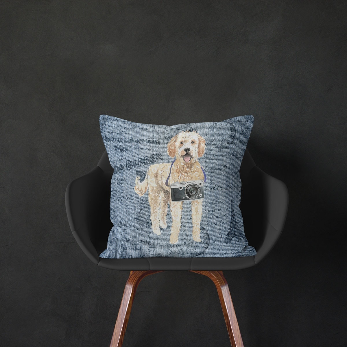 Golden Doodle dog Inspired Denim Style Throw Pillow Cushion - Travel collection 5 Golden Doodle dog Inspired Denim Style Throw Pillow Cushion - Travel collection - Image 4