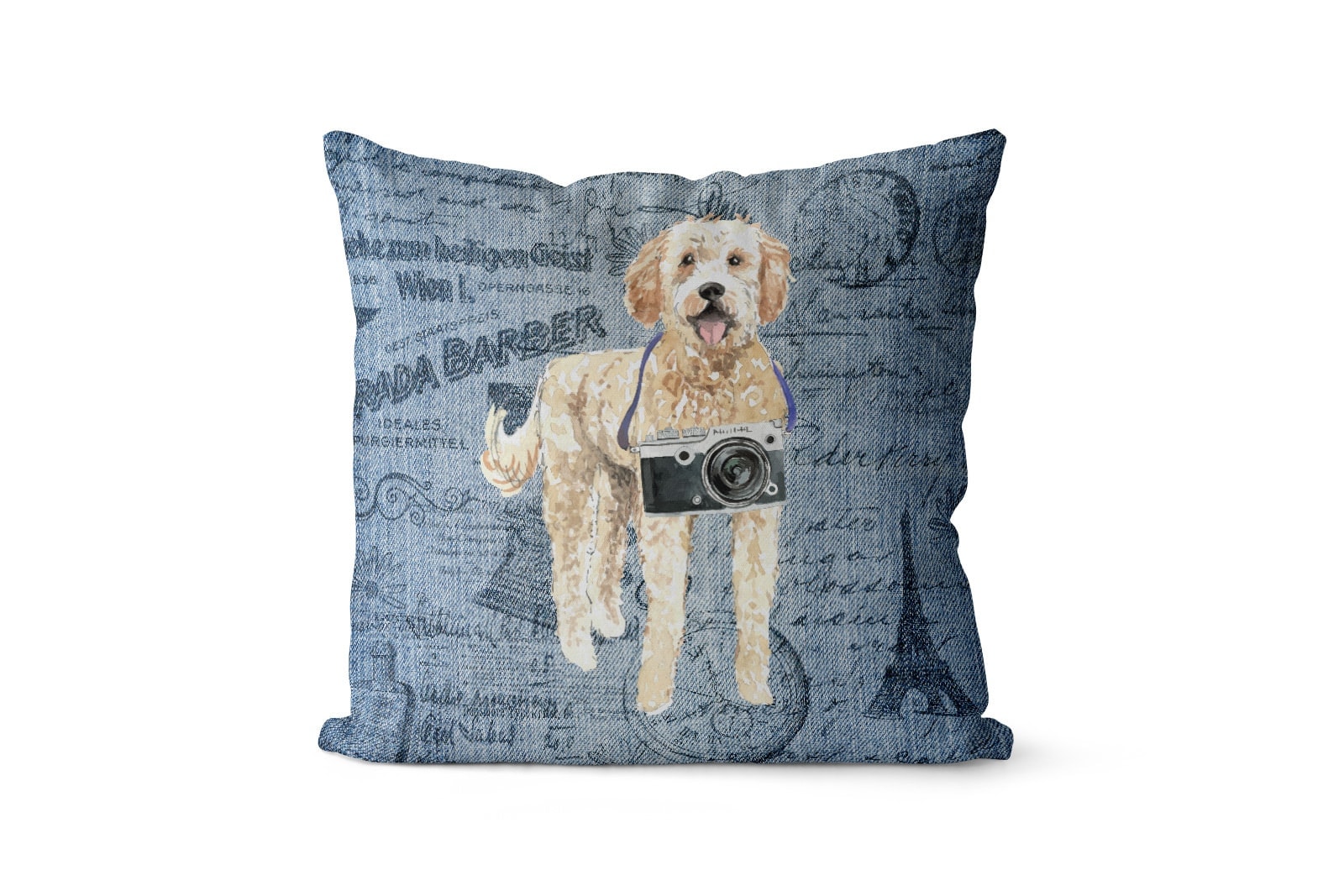 Golden Doodle dog Inspired Denim Style Throw Pillow Cushion - Travel collection 2 Golden Doodle dog Inspired Denim Style Throw Pillow Cushion - Travel collection
