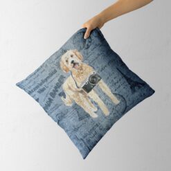 Golden Doodle dog Inspired Denim Style Throw Pillow Cushion - Travel collection 13 Adventure is out there cushion Golden Doodle Faded Ephemera Denim holding in hand