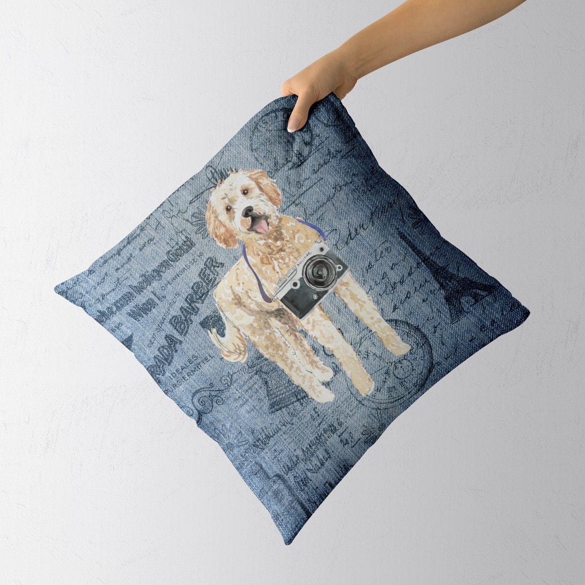 Golden Doodle dog Inspired Denim Style Throw Pillow Cushion - Travel collection 4 Golden Doodle dog Inspired Denim Style Throw Pillow Cushion - Travel collection - Image 3