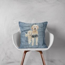 Golden Doodle dog Inspired Denim Style Throw Pillow Cushion - Travel collection 12 Adventure is out there cushion Golden Doodle Faded Ephemera Denim white chair