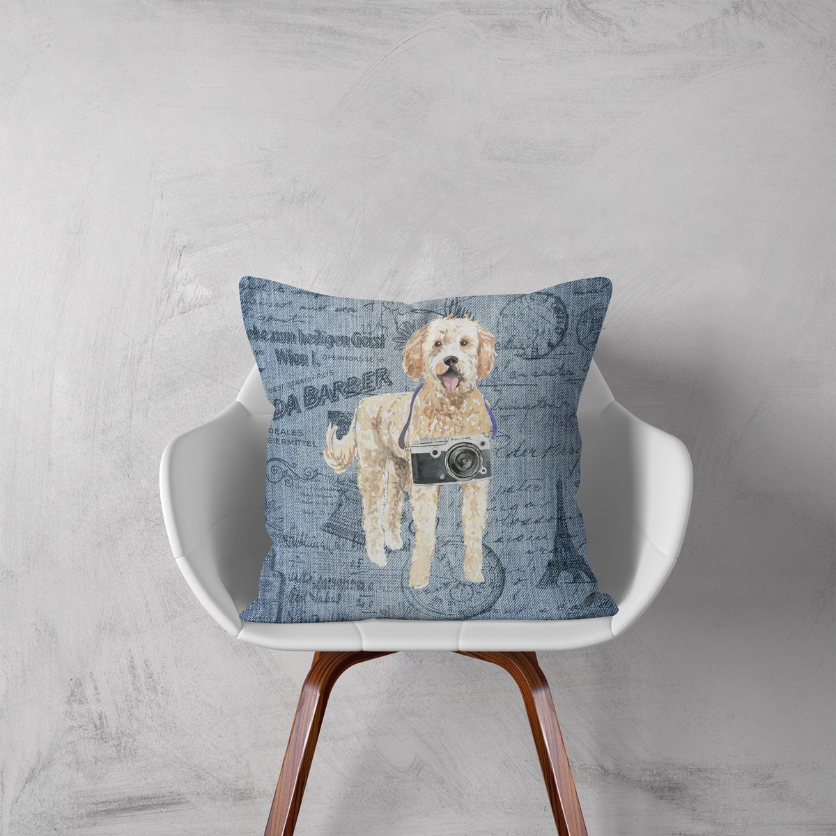 Golden Doodle dog Inspired Denim Style Throw Pillow Cushion - Travel collection 3 Golden Doodle dog Inspired Denim Style Throw Pillow Cushion - Travel collection - Image 2
