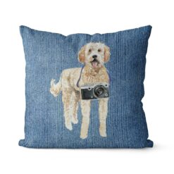 Golden Doodle dog Inspired Denim Style Throw Pillow Cushion - Travel collection 16 Adventure is out there cushion Golden Doodle Gently Faded Denim front view