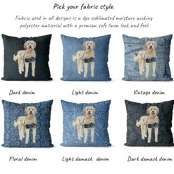 Golden Doodle dog Inspired Denim Style Throw Pillow Cushion - Travel collection 15 Adventure is out there cushion Golden Doodle variations