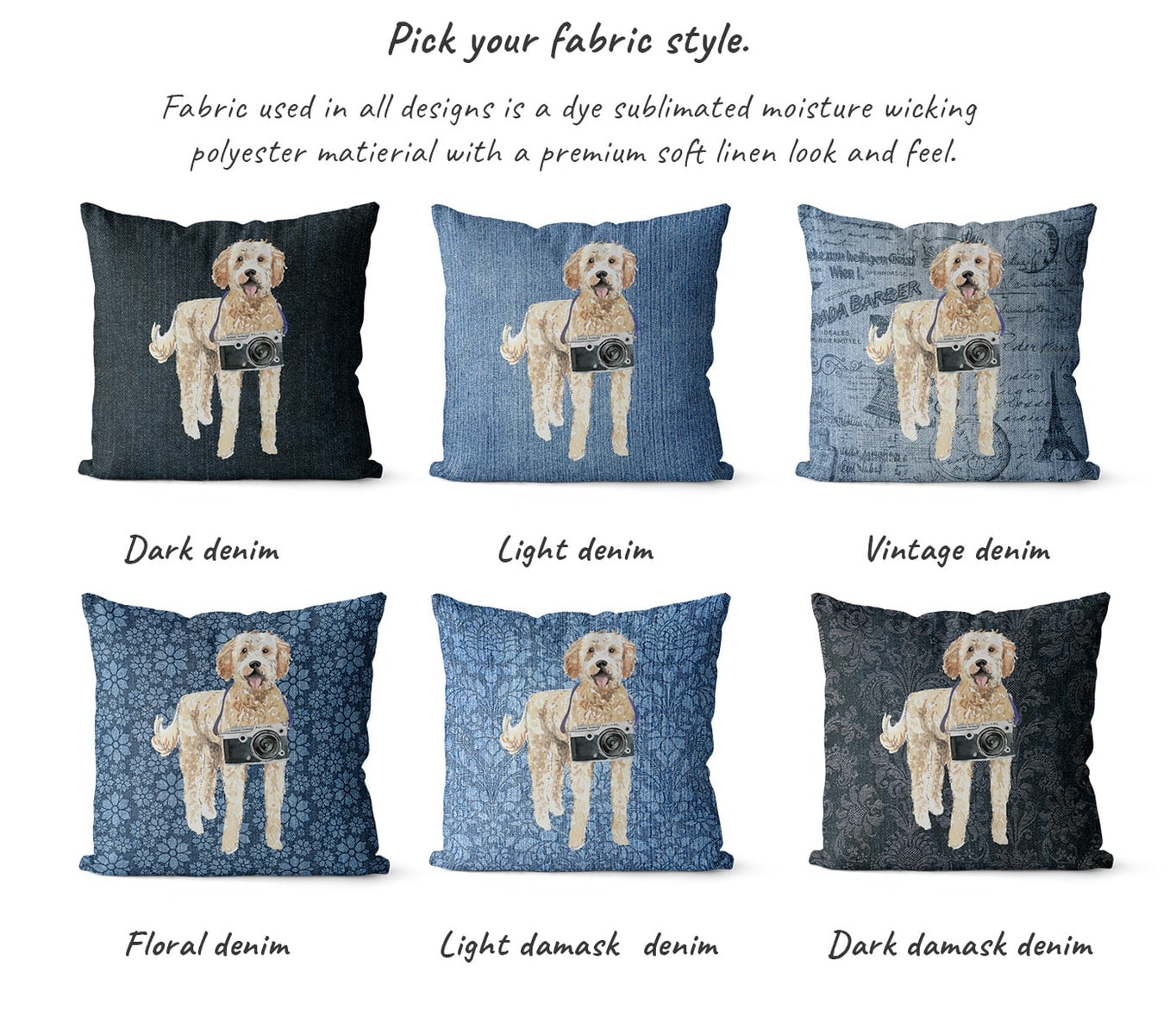 Golden Doodle dog Inspired Denim Style Throw Pillow Cushion - Travel collection 6 Golden Doodle dog Inspired Denim Style Throw Pillow Cushion - Travel collection - Image 5