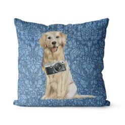 Golden Retriever dog Inspired Denim Style Throw Pillow Cushion - Travel collection 21 Adventure is out there cushion Golden Retriever Bleached Damask Denim front view