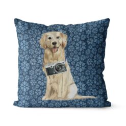Golden Retriever dog Inspired Denim Style Throw Pillow Cushion - Travel collection 20 Adventure is out there cushion Golden Retriever Daisy Denim front view