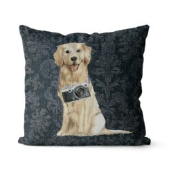 Golden Retriever dog Inspired Denim Style Throw Pillow Cushion - Travel collection 19 Adventure is out there cushion Golden Retriever Dark Damask Denim front view