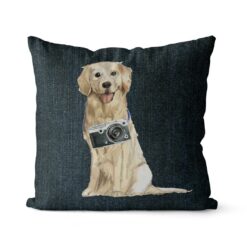 Golden Retriever dog Inspired Denim Style Throw Pillow Cushion - Travel collection 18 Adventure is out there cushion Golden Retriever Dark Denim front view