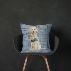 Golden Retriever dog Inspired Denim Style Throw Pillow Cushion - Travel collection 15 Adventure is out there cushion Golden Retriever Faded Ephemera Denim black chair
