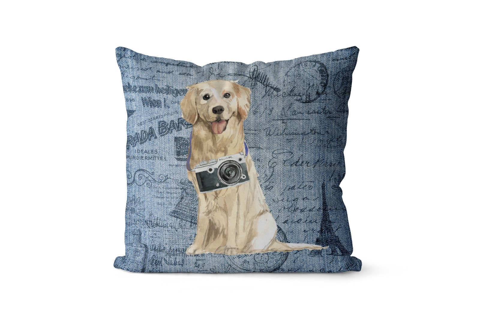 Golden Retriever dog Inspired Denim Style Throw Pillow Cushion - Travel collection 3 Golden Retriever dog Inspired Denim Style Throw Pillow Cushion - Travel collection