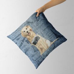 Golden Retriever dog Inspired Denim Style Throw Pillow Cushion - Travel collection 14 Adventure is out there cushion Golden Retriever Faded Ephemera Denim holding in hand