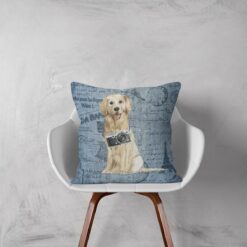 Golden Retriever dog Inspired Denim Style Throw Pillow Cushion - Travel collection 13 Adventure is out there cushion Golden Retriever Faded Ephemera Denim white chair