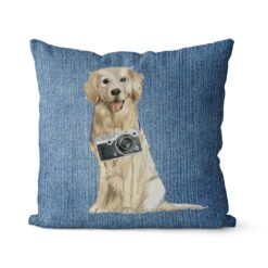 Golden Retriever dog Inspired Denim Style Throw Pillow Cushion - Travel collection 17 Adventure is out there cushion Golden Retriever Gently Faded Denim front view