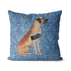 Great Dane dog Inspired Denim Style Throw Pillow Cushion - Travel collection 20 Adventure is out there cushion Great Dane Bleached Damask Denim front view