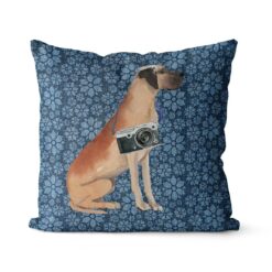 Great Dane dog Inspired Denim Style Throw Pillow Cushion - Travel collection 19 Adventure is out there cushion Great Dane Daisy Denim front view