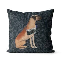 Great Dane dog Inspired Denim Style Throw Pillow Cushion - Travel collection 18 Adventure is out there cushion Great Dane Dark Damask Denim front view