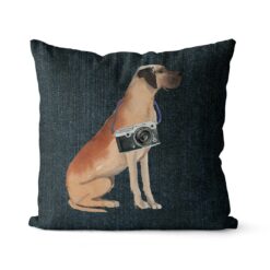 Great Dane dog Inspired Denim Style Throw Pillow Cushion - Travel collection 17 Adventure is out there cushion Great Dane Dark Denim front view
