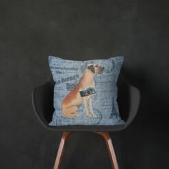 Great Dane dog Inspired Denim Style Throw Pillow Cushion - Travel collection 14 Adventure is out there cushion Great Dane Faded Ephemera Denim black chair