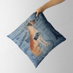 Great Dane dog Inspired Denim Style Throw Pillow Cushion - Travel collection 13 Adventure is out there cushion Great Dane Faded Ephemera Denim holding in hand