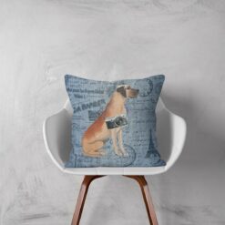 Great Dane dog Inspired Denim Style Throw Pillow Cushion - Travel collection 12 Adventure is out there cushion Great Dane Faded Ephemera Denim white chair
