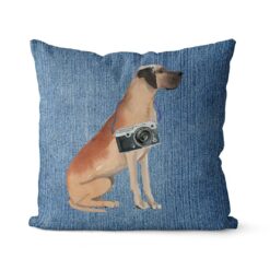 Great Dane dog Inspired Denim Style Throw Pillow Cushion - Travel collection 16 Adventure is out there cushion Great Dane Gently Faded Denim front view