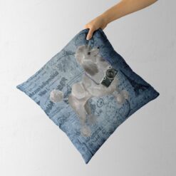 Adventure is out there cushion Grey Poodle Faded Ephemera Denim holding in hand