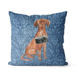 Hungarian Vizsla dog Inspired Denim Style Throw Pillow Cushion - Travel collection 20 Adventure is out there cushion Hungarian Vizsla Bleached Damask Denim front view